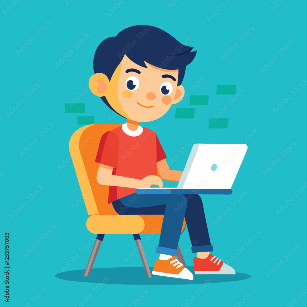 a boy is using his laptop vector a boy is using his laptop vector