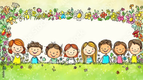 Children smiling in a floral border