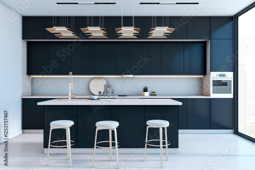 Schilderij op canvas Modern luxury kitchen interior with dark cabinets, island, and city view