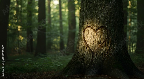 Serene shot of a heart carved into a tree trunk, soft forest lighting1 photo