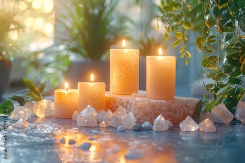 Serene meditation altar with crystals and candles tranquil space still life indoor nature peaceful atmosphere