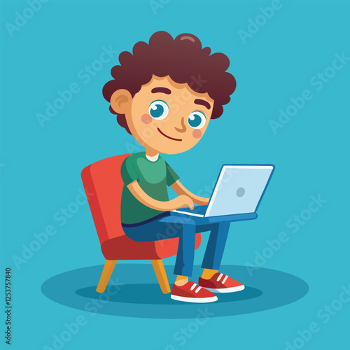 a boy is using his laptop vector