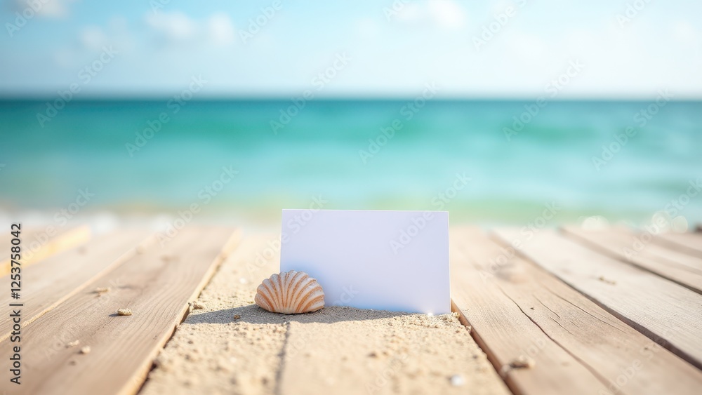 Wedding Place Card Mockup, Beachfront ocean place card on sanded boardwalk clear