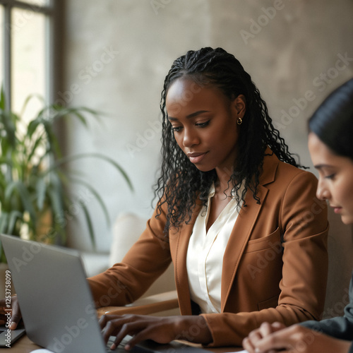 two focused businesswomen working together on a laptop showcasing professional collaboration photo