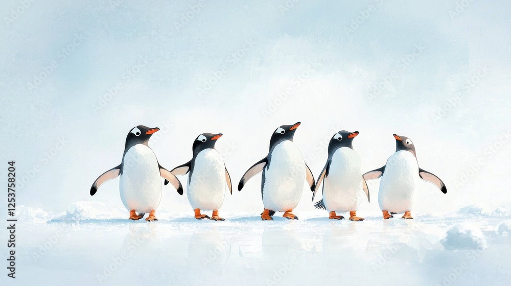 Obraz premium Group of Penguins Waddling Across an Icy Landscape with Soft Blue Background in a Serene Natural Setting