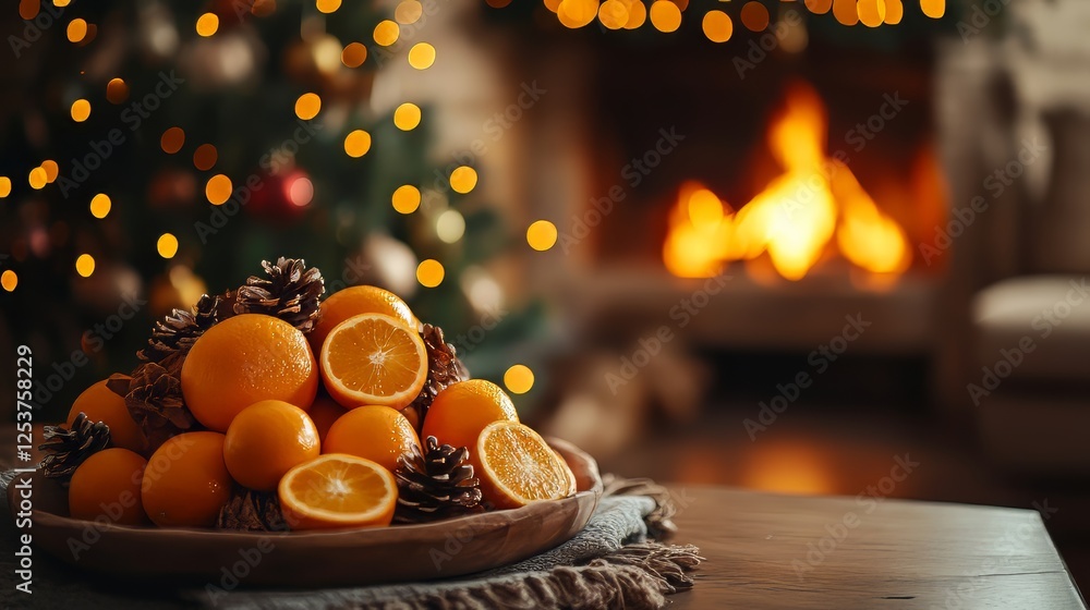A warm and inviting display of oranges and pine cones in front of a festive fireplace. A warm and inviting display of oranges and pine cones in front of a festive fireplace.