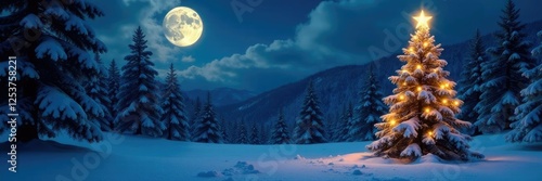 Moonlit winter forest with glowing star on Christmas tree, forest, christmas, moon