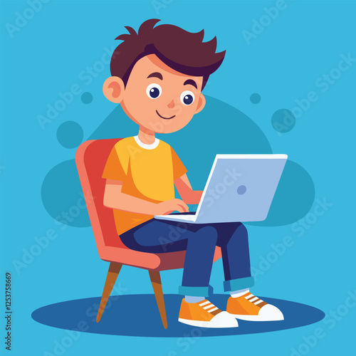 a boy is using his laptop vector