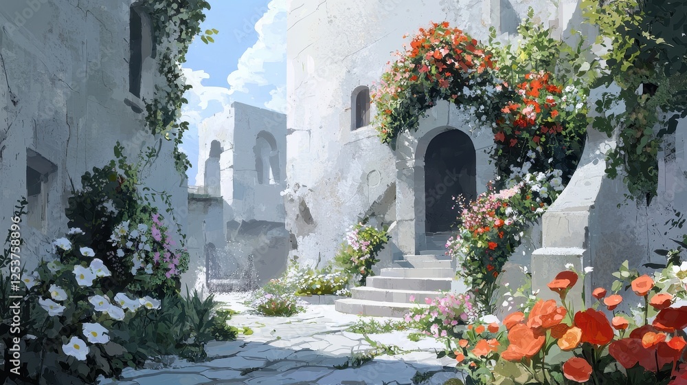 Fototapeta premium Charming Hidden Courtyard in a European City Surrounded by Colorful Flowers and Vibrant Greenery