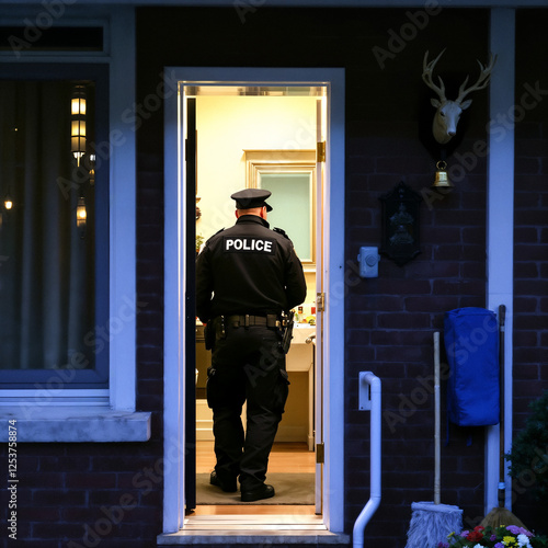 police officer in uniform stands in a doorway of a house at night.