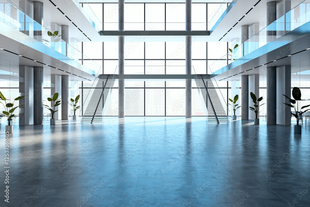 Fototapeta premium Modern spacious lobby with glass windows, staircase, and sleek design. 3D Rendering