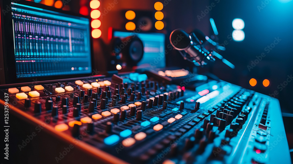 Fototapeta premium Close-up of audio mixing console with vibrant lighting and microphone in modern studio