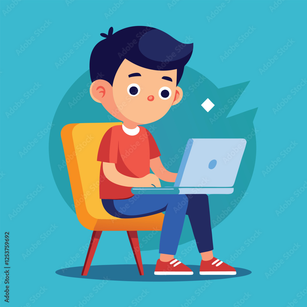 a boy is using his laptop vector a boy is using his laptop vector