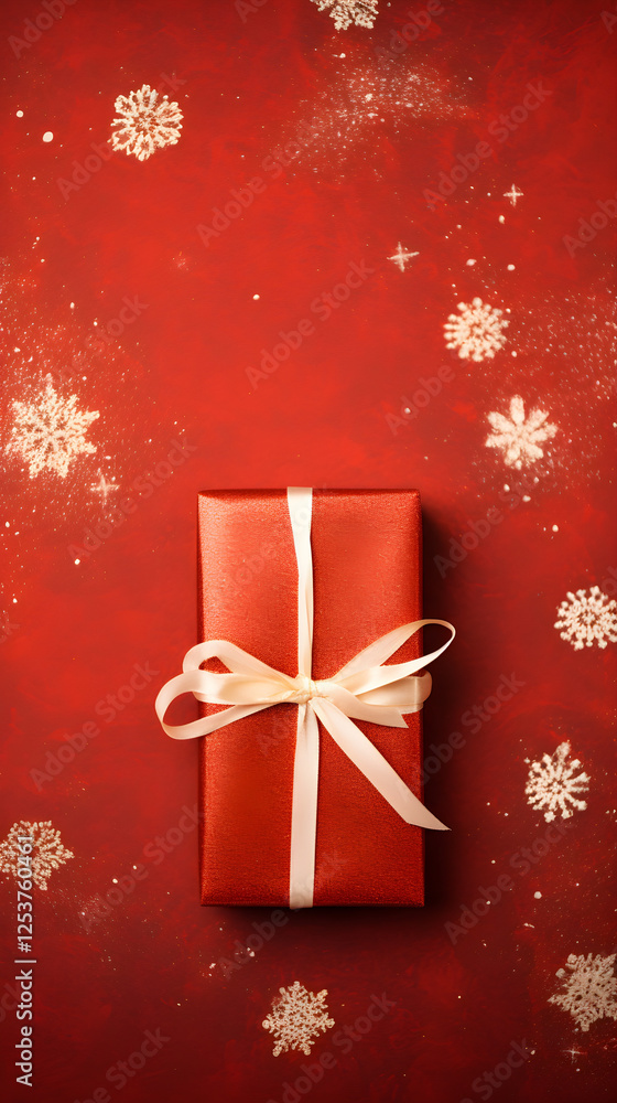 Festive Red Gift Box with White Ribbon on Red Background Winter Holiday Present