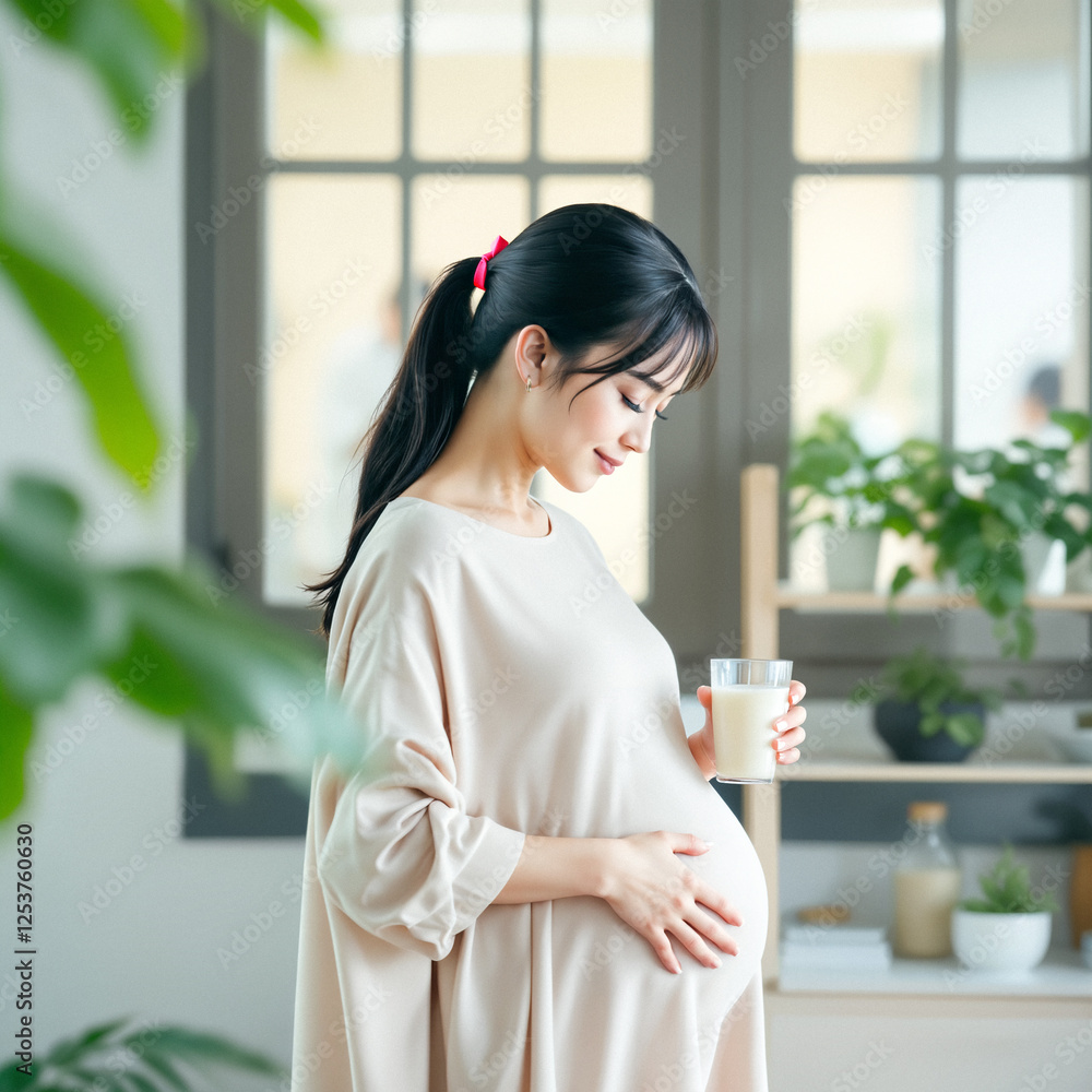 serene pregnant woman gently holding her belly while drinking milk serene pregnant woman gently holding her belly while drinking milk