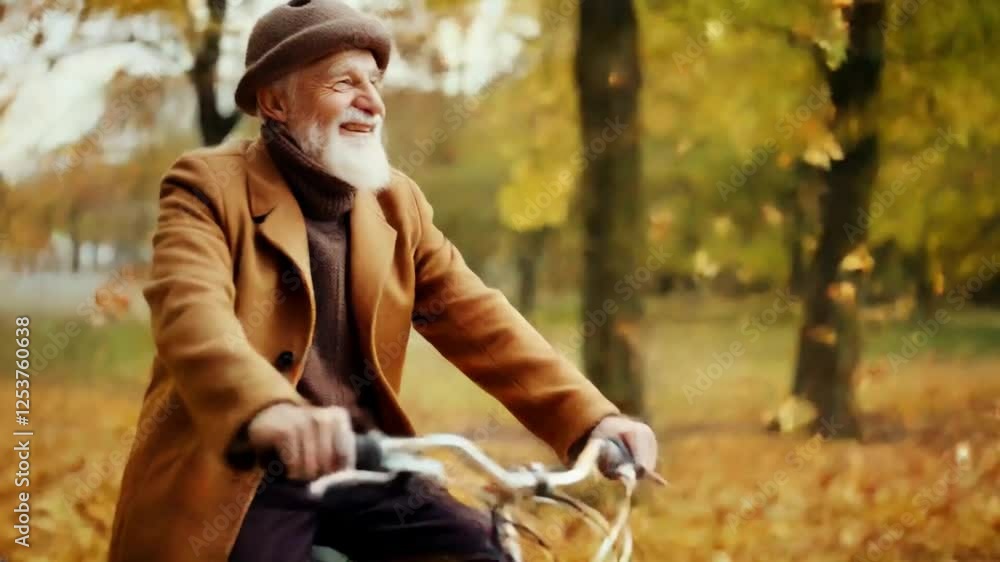 Elderly man joyfully riding a bicycle through a picturesque autumn park filled with falling leaves Elderly man joyfully riding a bicycle through a picturesque autumn park filled with falling leaves