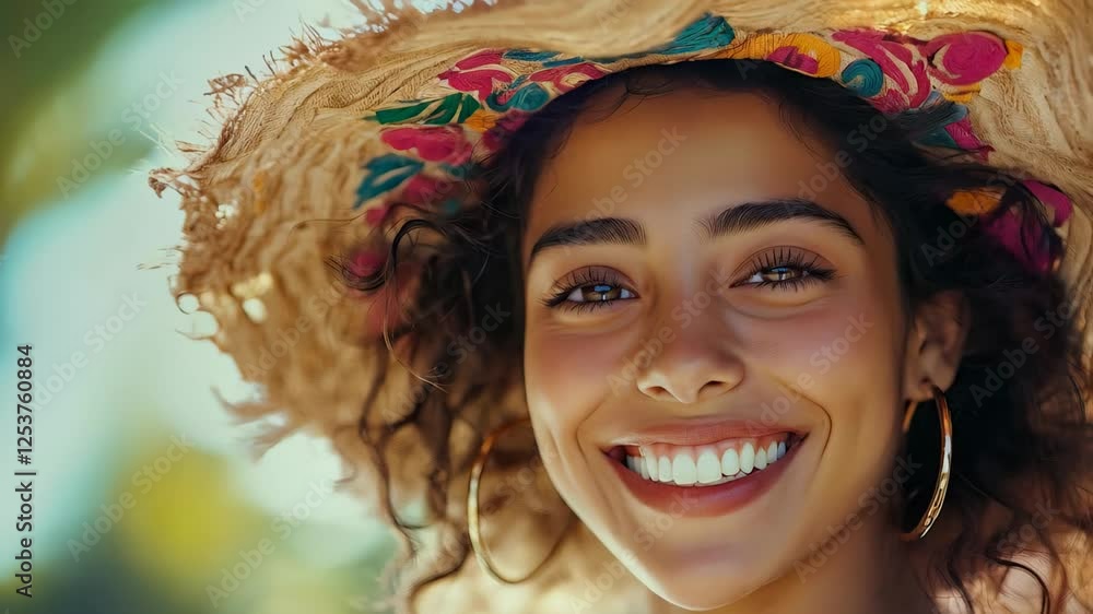 Happiness and carefree attitude emanate from a beautiful young woman wearing a colorful straw hat, enjoying her vacation in a sunny location. Concept of dentistry and healthy teeth Happiness and carefree attitude emanate from a beautiful young woman wearing a colorful straw hat, enjoying her vacation in a sunny location. Concept of dentistry and healthy teeth