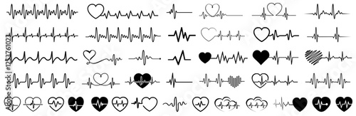 Heartbeat collection symbol, cardiogram wave set sign, continuous lines heart beats, heartbeat EKG, ECG, health monitoring, medical pulse, cardiology