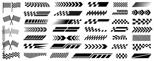 Racing cars and race car stripes set, checkered flag, finish line, motocross labels, dynamic lines, motorsport, racing stripe speed, automotive competition