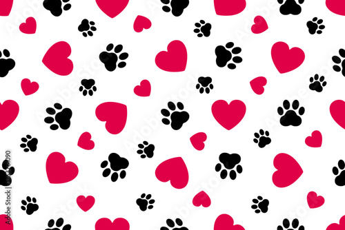 Trace of dog paw pattern with paw footprints and hearts, love heart seamless pattern, dog trace background isolated illustration cartoon repeat wallpaper – vector