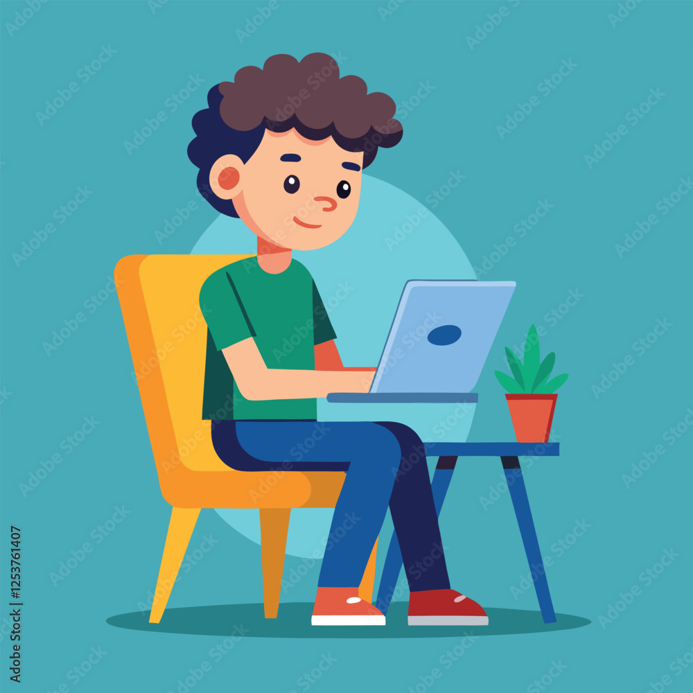 a boy is using his laptop vector a boy is using his laptop vector