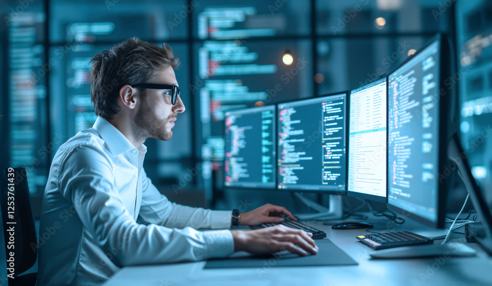 focused programmer working late on software development project focused programmer working late on software development project