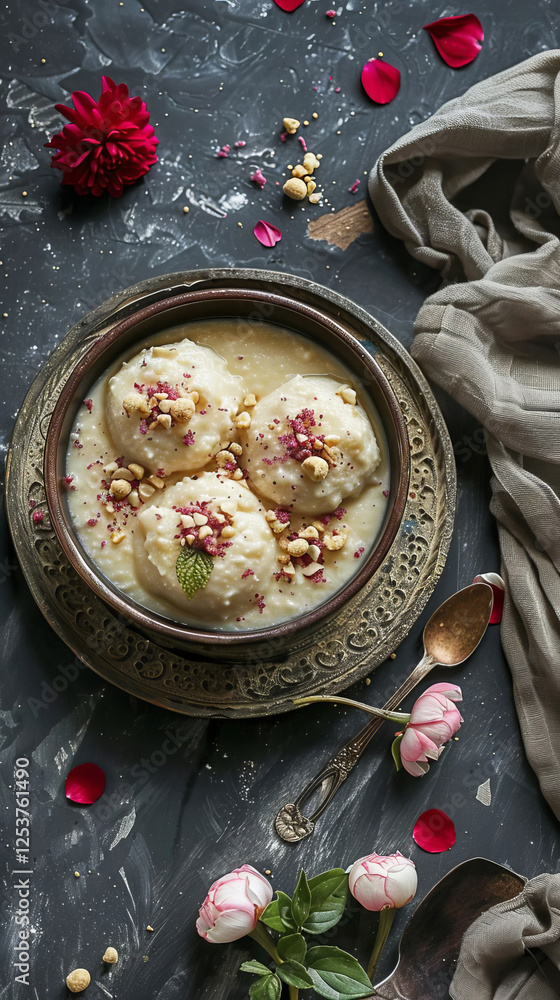 Creamy Rice Pudding Dessert with Nuts Rose Petals Elegant Garnish Creamy Rice Pudding Dessert with Nuts Rose Petals Elegant Garnish