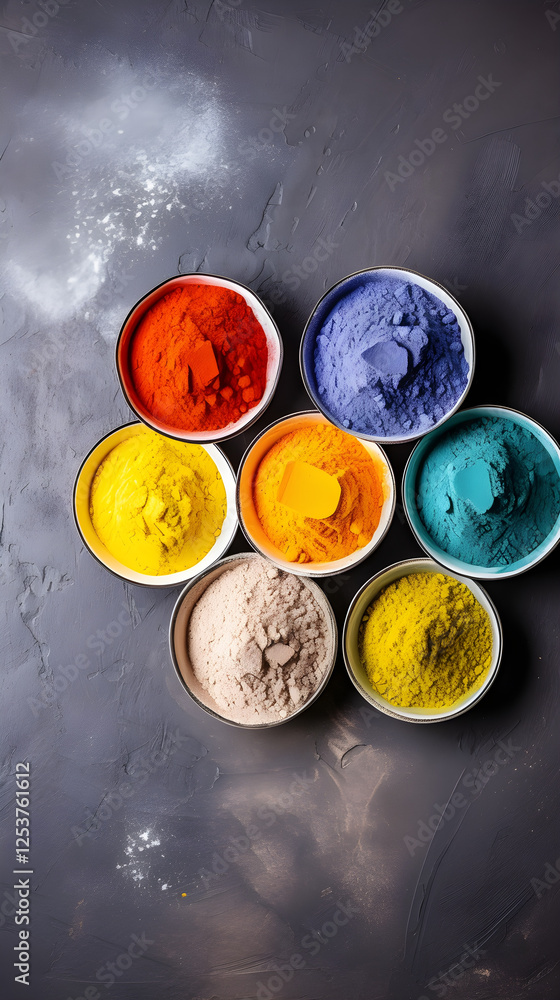 Colorful Powder Dyes in Bowls Top View Vibrant Hues Artisan Crafts Natural Pigments Food Coloring Colorful Powder Dyes in Bowls Top View Vibrant Hues Artisan Crafts Natural Pigments Food Coloring