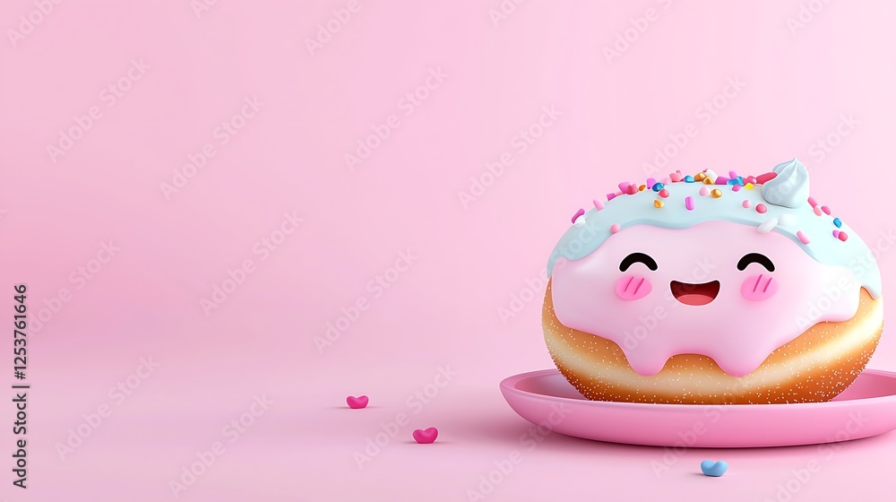 Cute Pink Glazed Donut with Sprinkles and Unicorn Horn on Pink Background Cute Pink Glazed Donut with Sprinkles and Unicorn Horn on Pink Background
