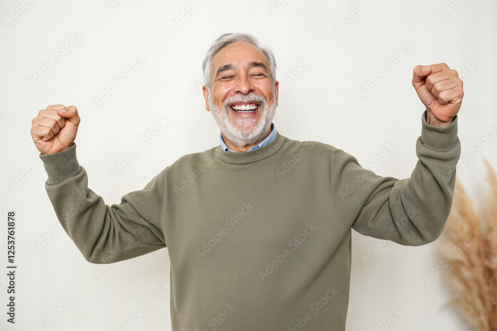 Fototapeta premium joyful senior man celebrates success with raised arms and a radiant smile