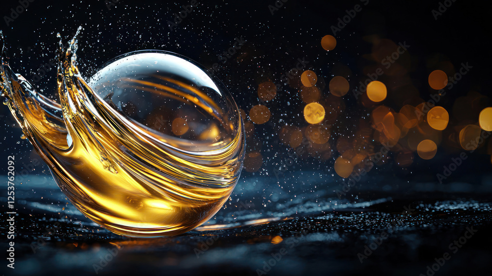 Golden Liquid Splashing Around A Sphere On A Dark Background Golden Liquid Splashing Around A Sphere On A Dark Background
