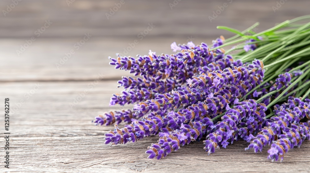 Fototapeta premium Lavender bouquet on rustic wood, peaceful background, aromatherapy, wellness