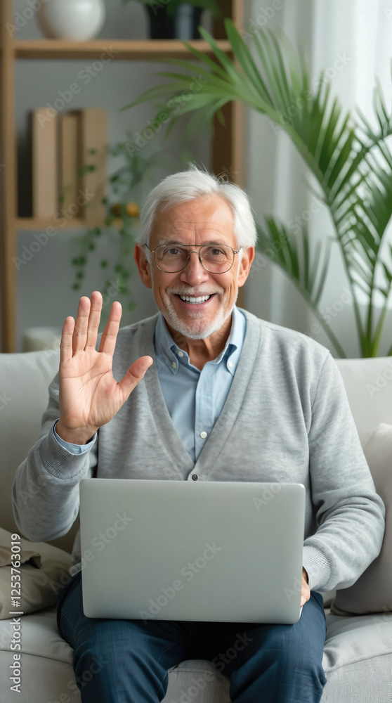smiling senior man using laptop and waving smiling senior man using laptop and waving