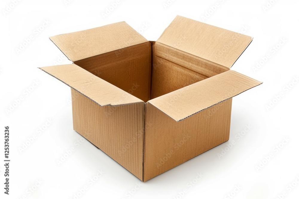 Open cardboard box on white background. Neural network AI generated