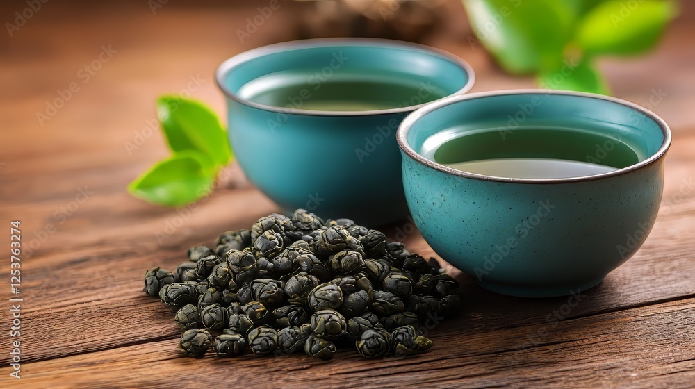 Fresh green tea in teal cups with aromatic loose leaves on rustic wooden background. Fresh green tea in teal cups with aromatic loose leaves on rustic wooden background.