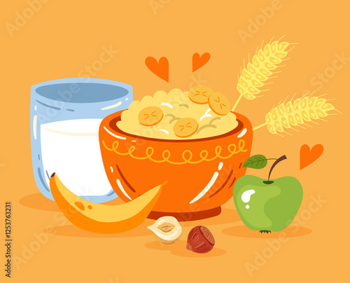 Morning breakfast porridge with milk, banana and nuts. Vector flat graphic design cartoon illustration
