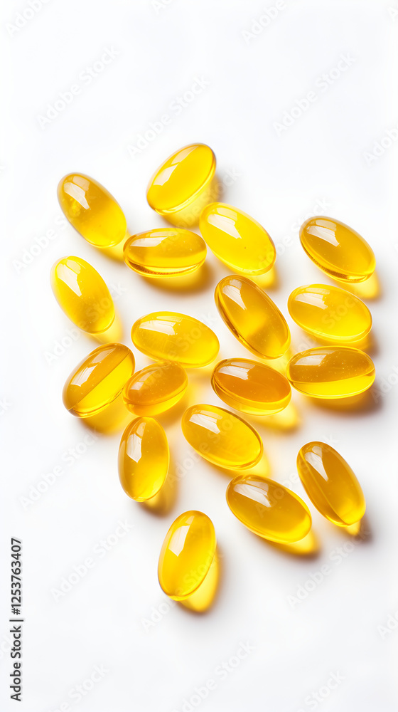 Fototapeta premium High angle close up shot of scattered yellow softgel capsules on white background health supplement