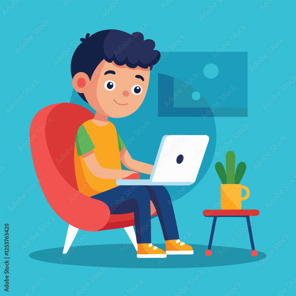 a boy is using his laptop vector a boy is using his laptop vector