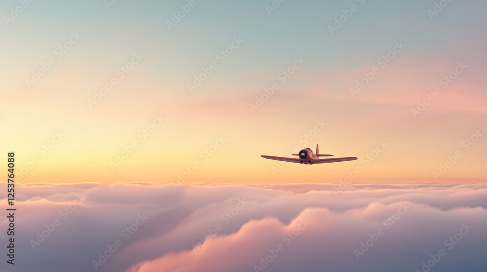 Fototapeta premium Vintage Airplane Flying Through Soft Clouds at Sunset with Warm Colors and Peaceful Atmosphere
