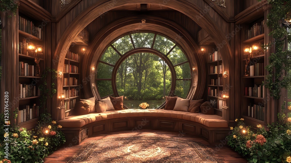 Obraz premium Enchanting reading nook with a scenic view, surrounded by books and natural light.