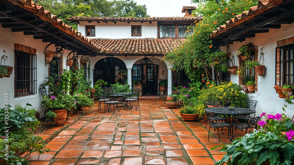 Fototapeta premium Spanish Colonial Courtyard Patio Garden with Terracotta Tiles and Lush Greenery