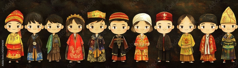 Cartoon characters in traditional Asian clothing Cartoon characters in traditional Asian clothing