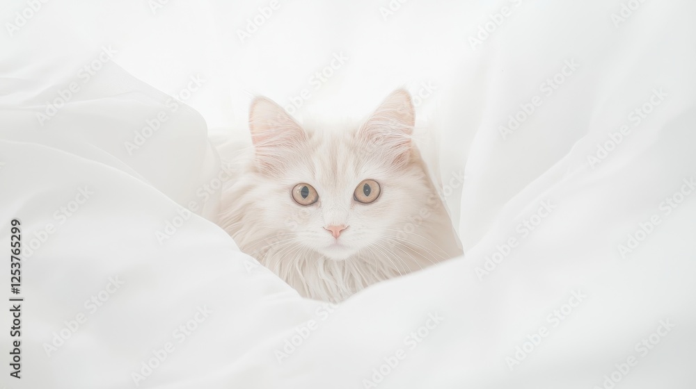 Cute Domestic Cat Isolated on a Soft White Background, Adorable Feline Portrait with Gentle Expressions Cute Domestic Cat Isolated on a Soft White Background, Adorable Feline Portrait with Gentle Expressions