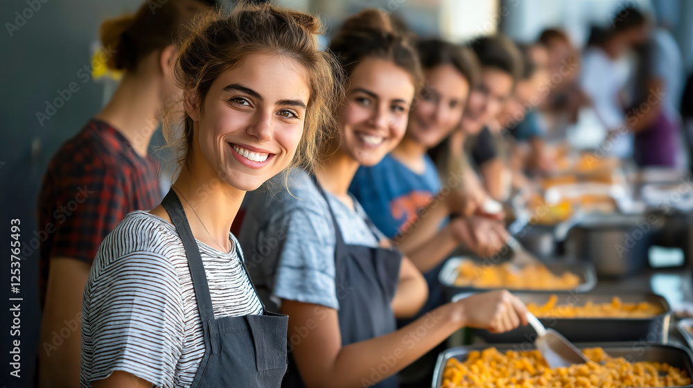 Fototapeta premium Smiling volunteers serving food, creating a warm and supportive environment.
