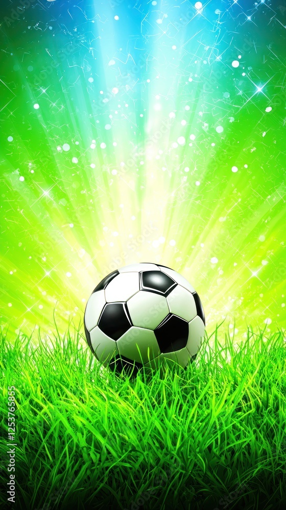 Naklejka premium Soccer ball on vibrant green grass, bright light rays, fantasy background; stock photo