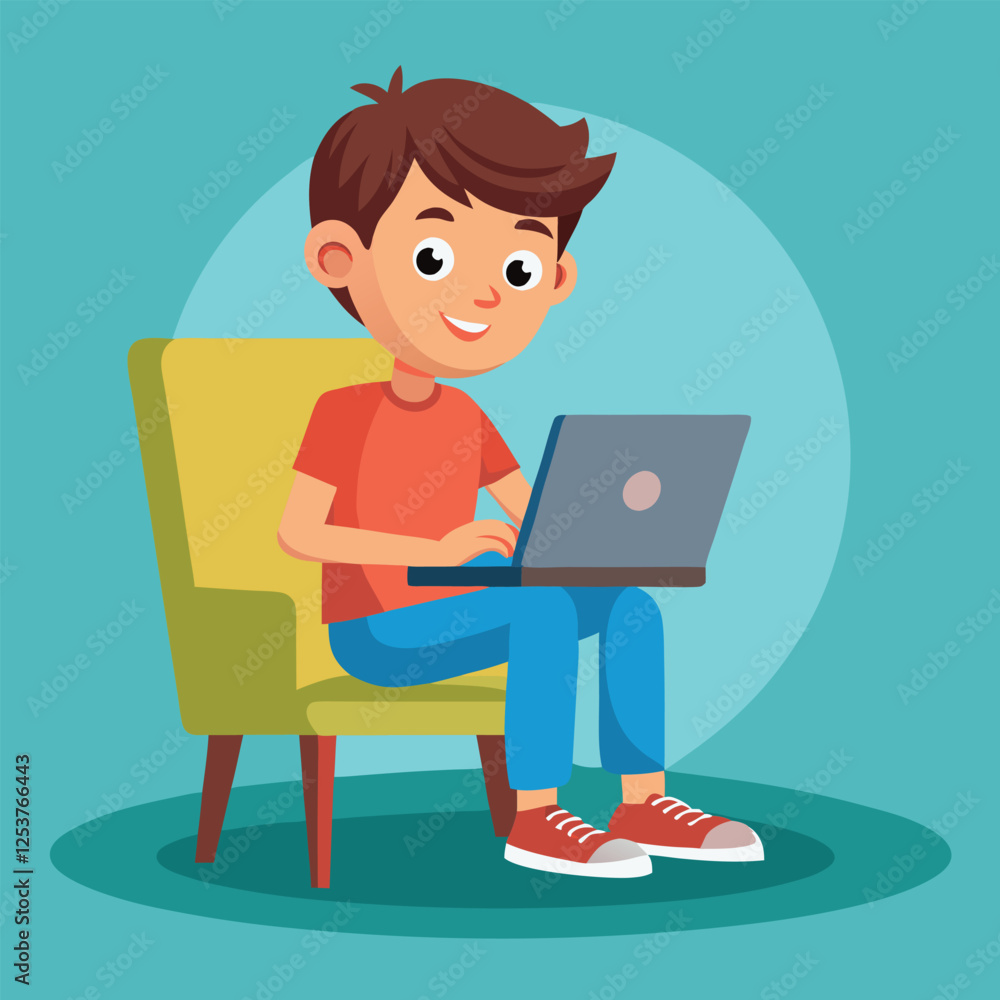 a boy is using his laptop vector a boy is using his laptop vector