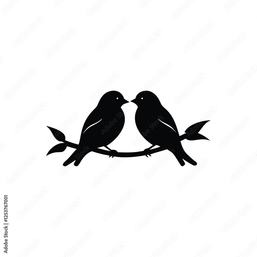 Obraz premium Black Silhouette two birds on a branch, valentine day vector.