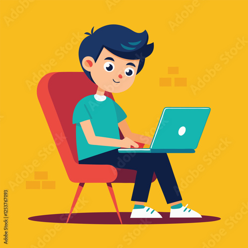 a boy is using his laptop vector