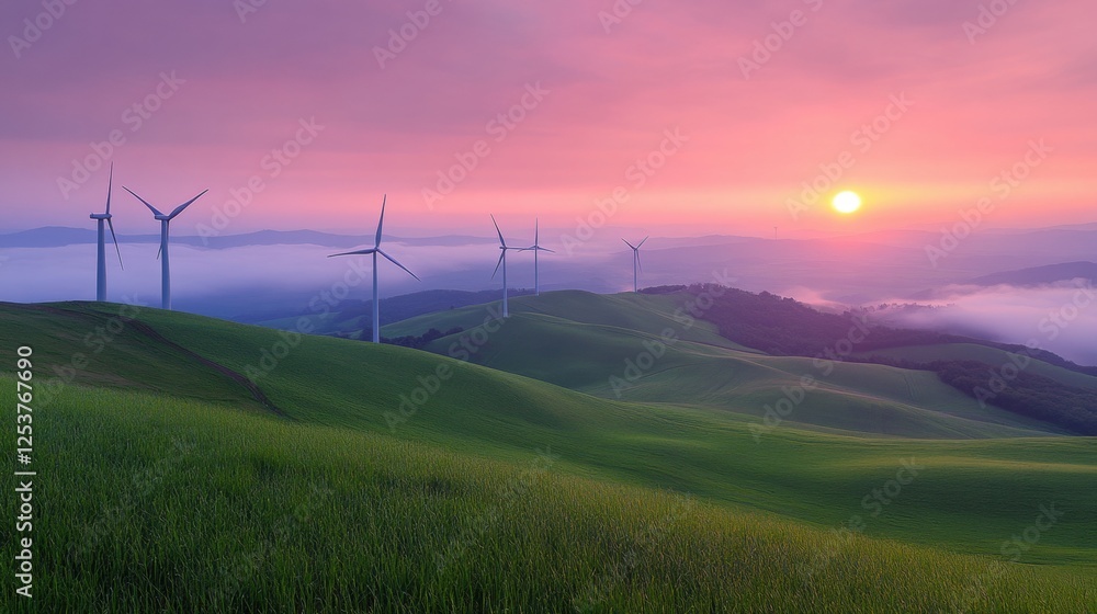 Windmills on Rolling Hills at Sunset with Vibrant Sky and Green Fields in a Serene Landscape Windmills on Rolling Hills at Sunset with Vibrant Sky and Green Fields in a Serene Landscape