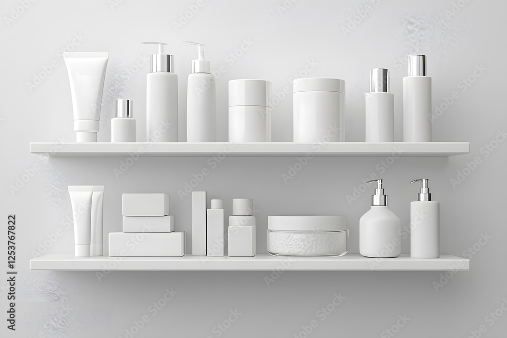 Minimalist Bathroom Shelf: A sleek, minimalist shelving unit displays a collection of pristine white cosmetic containers, creating a clean and modern aesthetic. Minimalist Bathroom Shelf: A sleek, minimalist shelving unit displays a collection of pristine white cosmetic containers, creating a clean and modern aesthetic.